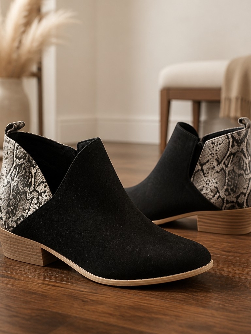Black Suede Ankle Booties with Snakeskin Heel Accent